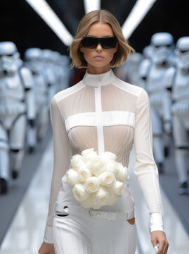 Beautiful woman and female cyborg walkthrough on fashion runway.