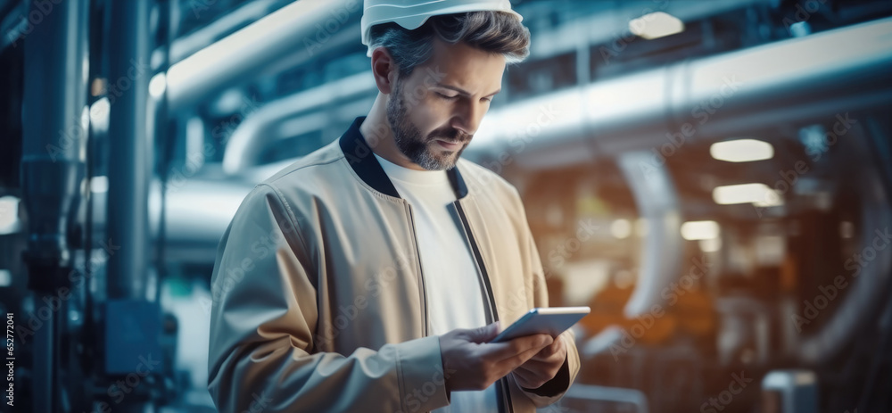 Aufkleber worker with a tablet in his hands working in a modern factory.