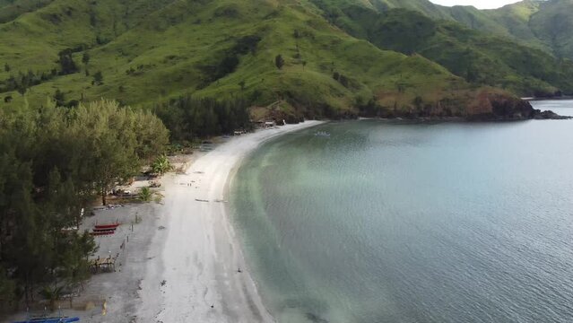 Aerial video of the boats on the sea shore, Nagsasa Cove, Zambales, Philippines