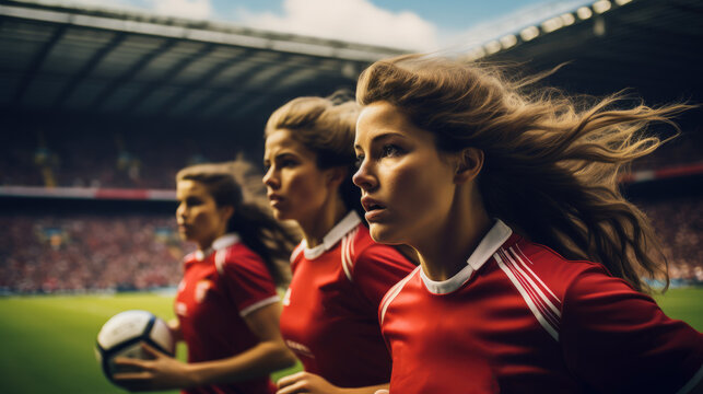 Women playing football game in large stadium.