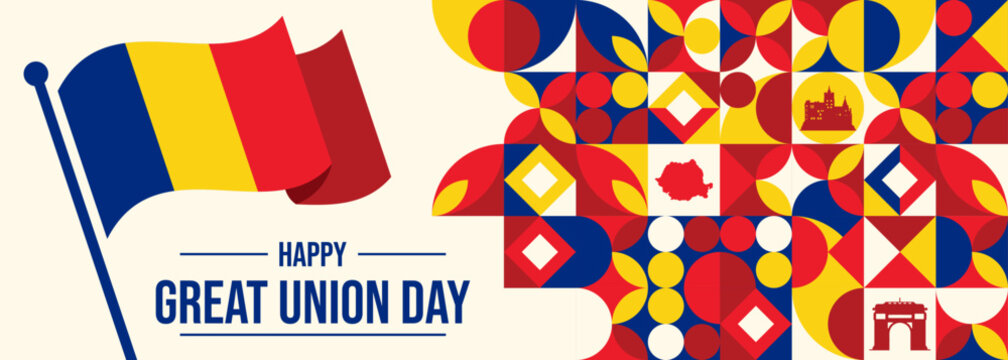 Romania national day banner with Romanian flag colors theme background and geometric abstract retro modern blue yellow red design. Raised fists of patriot supporters. Triangles Vector Illustration.

