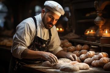 baker with bread in bakery