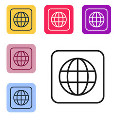 Black line Worldwide icon isolated on white background. Pin on globe. Set icons in color square buttons. Vector