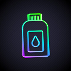 Glowing neon line Canister for motor machine oil icon isolated on black background. Oil gallon. Oil change service and repair. Vector