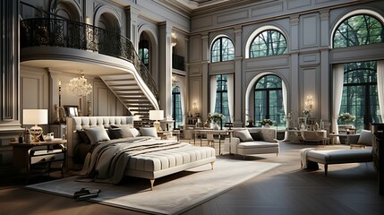 A neoclassical bedroom featuring a grand bed with ornate detailing