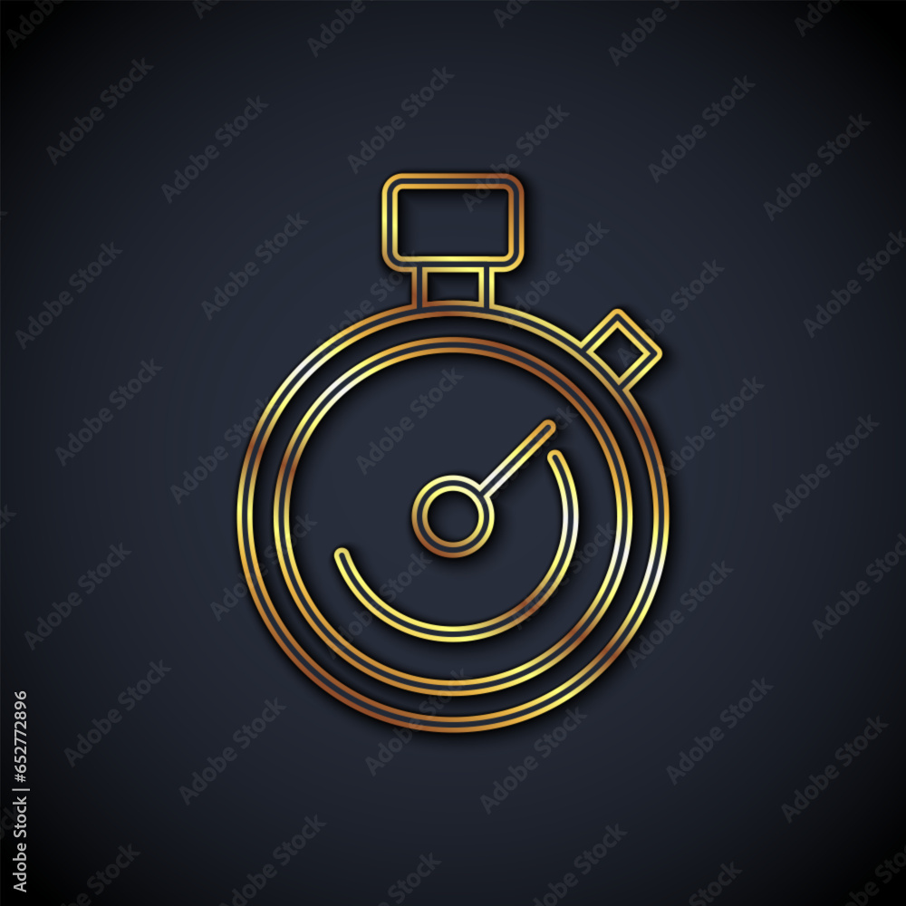 Poster gold line stopwatch icon isolated on black background. time timer sign. chronometer sign. vector