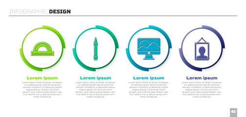 Set Protractor, Wax crayons for drawing, Computer monitor screen and Picture. Business infographic template. Vector