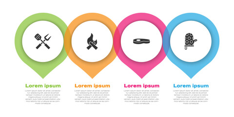 Set Crossed fork and spatula, Campfire, Steak meat and Oven glove. Business infographic template. Vector