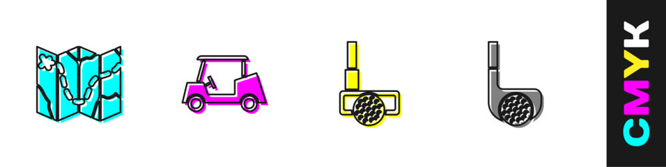Set Golf course layout, car, club with ball and icon. Vector