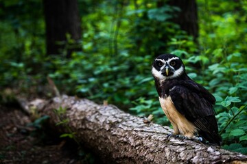 Closeup of an owl perched on a tree branch in a green forest
