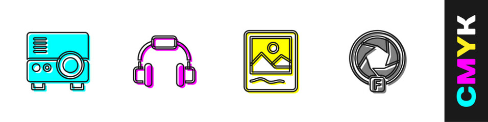Set Media projector, Headphones, Photo frame and Camera shutter icon. Vector