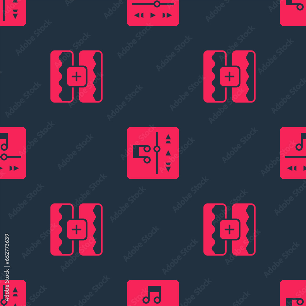 Poster set music wave equalizer and player on seamless pattern. vector
