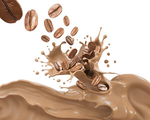 Milk coffee splash with Coffee Bean falling, 3d illustration.