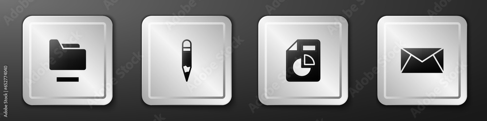 Poster set document folder, pencil, with graph chart and mail and e-mail icon. silver square button. vector