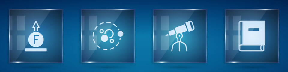 Set Force of physic formula, Atom, Telescope and Science book. Square glass panels. Vector