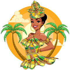 Caribbean girl with Traditional Dress and a Beautiful Smile, surrounded by Exotic Palm Trees Vector Illustration isolated on white