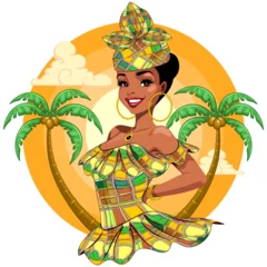 Fototapete Zeichnung Caribbean girl with Traditional Dress and a Beautiful Smile, surrounded by Exotic Palm Trees Vector Illustration isolated on white