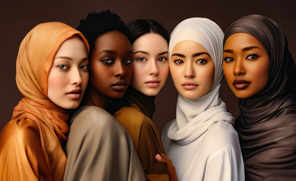Five muslim women in hijabs with different color skin and perfect skin tones are posing for a picture