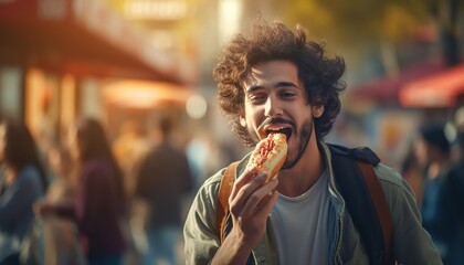 A young man is eating fast food on the street. - obrazy, fototapety, plakaty
