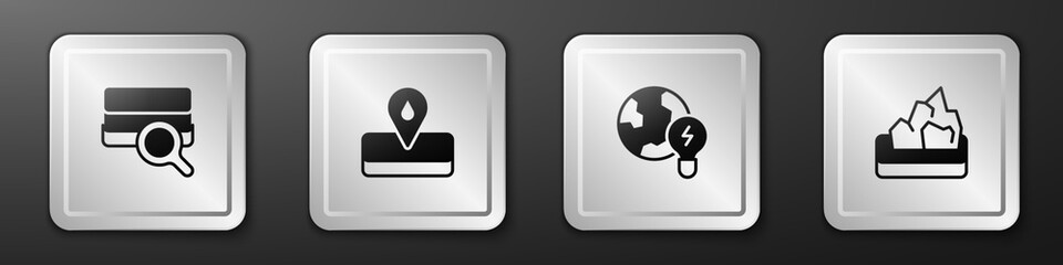 Set Soil analysis, Oilfield, Global planet with bulb and Ore mining icon. Silver square button. Vector