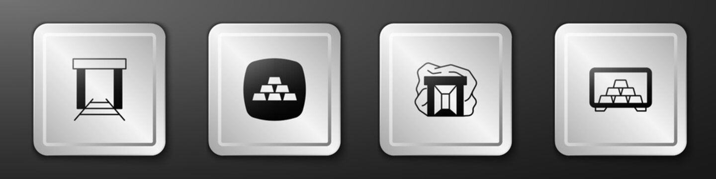 Set Gold mine, bars, and Safe with gold icon. Silver square button. Vector