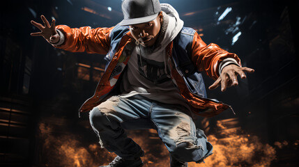 hip hop dancer in orange jacket and hat dancing in dark room with smoke