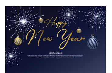 Happy New Year background with fireworks and Christmas balls. Vector illustration.