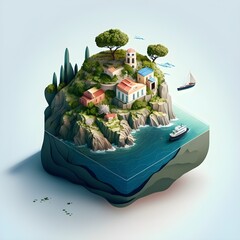 tiny illustrated greek island with sea to edges 