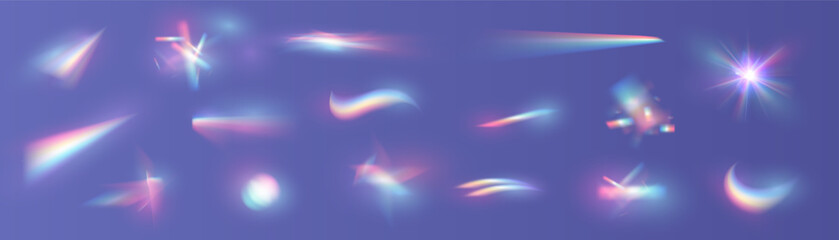 Crystal light glasses effect sparkle prism glare reflection effect. Optical rainbow lights, glare, leak, streak overlay. falling confetti. Vector colorful vector lenses and light flares. - obrazy, fototapety, plakaty