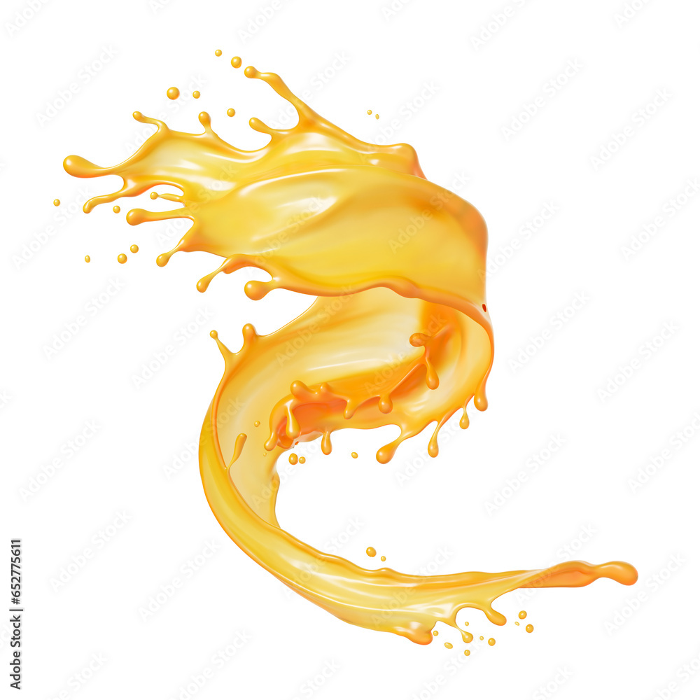 Aufkleber orange juice splash isolated on white background, 3d rendering include clipping path.