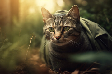 a military cat hiding in the bush