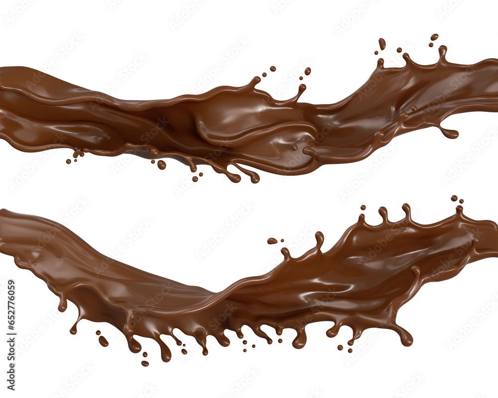 Poster dark chocolate splash isolate on a white background, 3d rendering.