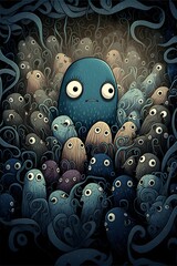 background image composed of hundreds of little creatures strange animals tentaclues lovecraftian madness strange forms dozens of images interconnected cartoon ligne claire comics 