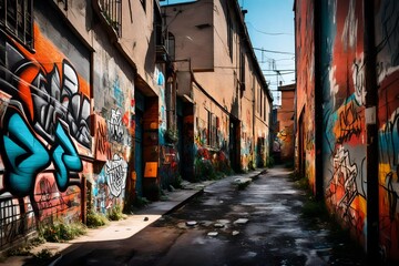  A graffiti-covered alleyway with vibrant street art on the walls 