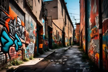Papier Peint photo Ruelle étroite  A graffiti-covered alleyway with vibrant street art on the walls 