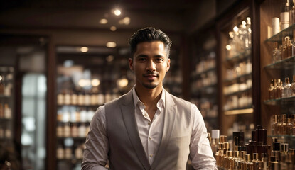 Successful businessman in his perfumery shop, small business owner. - obrazy, fototapety, plakaty