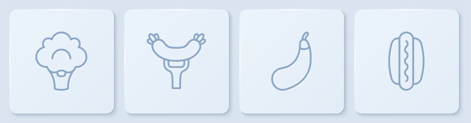 Set line Broccoli, Eggplant, Sausage on the fork and Hotdog. White square button. Vector