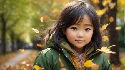 Fototapeta premium Little asian girl child laughing & playing in autumn fall leaves 04