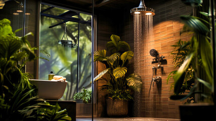Bathroom with tropical plants and a rainfall showerhead.
