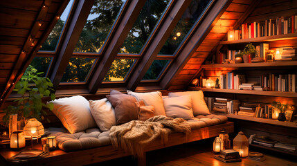 Cozy attic reading nook with floor cushions and string lights.