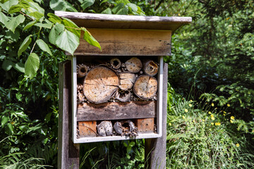 Wooden insect hotel in nature, shelter for wild insects in sunny green summer garden.