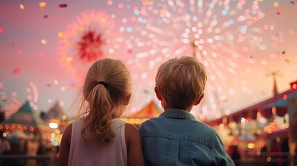 Two children, hands intertwined, stand in awe, gazing at the enchantment of a carnival. Behind them, a brilliantly Ferris wheel pierces the twilight, surrounded by candyfloss-like clouds