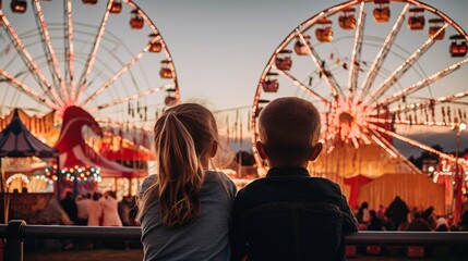 Two children, hands intertwined, stand in awe, gazing at the enchantment of a carnival. Behind them, a brilliantly Ferris wheel pierces the twilight, surrounded by candyfloss-like clouds - obrazy, fototapety, plakaty