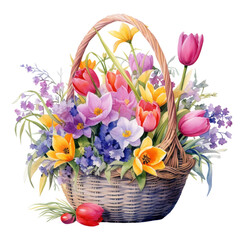 Watercolor illustration, basket with spring flowers. Generative AI, png