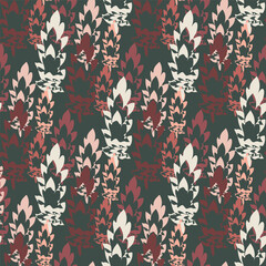 Mid-century modern style leaf seamless vector pattern background. Textural blended leaves backdrop. Diagonal striped effect. Red green white botanical foliage design. Repeat for fall, autumn, winter