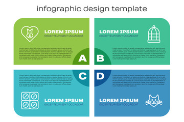 Set line Dog pill, Heart with dog, Cat and Cage for birds. Business infographic template. Vector