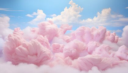 Panoramic view of colorful pink and blue pastel fluffy clouds and sky