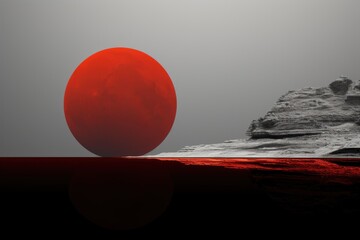 Red and Gray Planet Minimalism in a negative artistic space. Visual abstract metaphor. Geometric shapes with gradients.