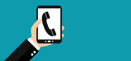 Hand hält Smartphone: Hotline oder Anruf - Flat Design