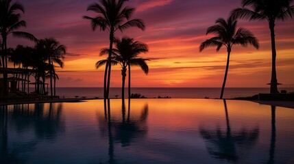 A sublime infinity pool, nestled within a high-end hotel, flawlessly connects with the pristine beach horizon. The setting sun drapes the canvas of the sky in mesmerizing shades of orange, pink
